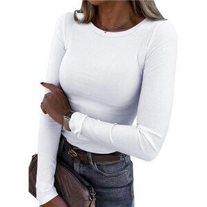 Women’s Long Sleeve Ribbed Crewneck T-Shirt - Fitted Casual Top